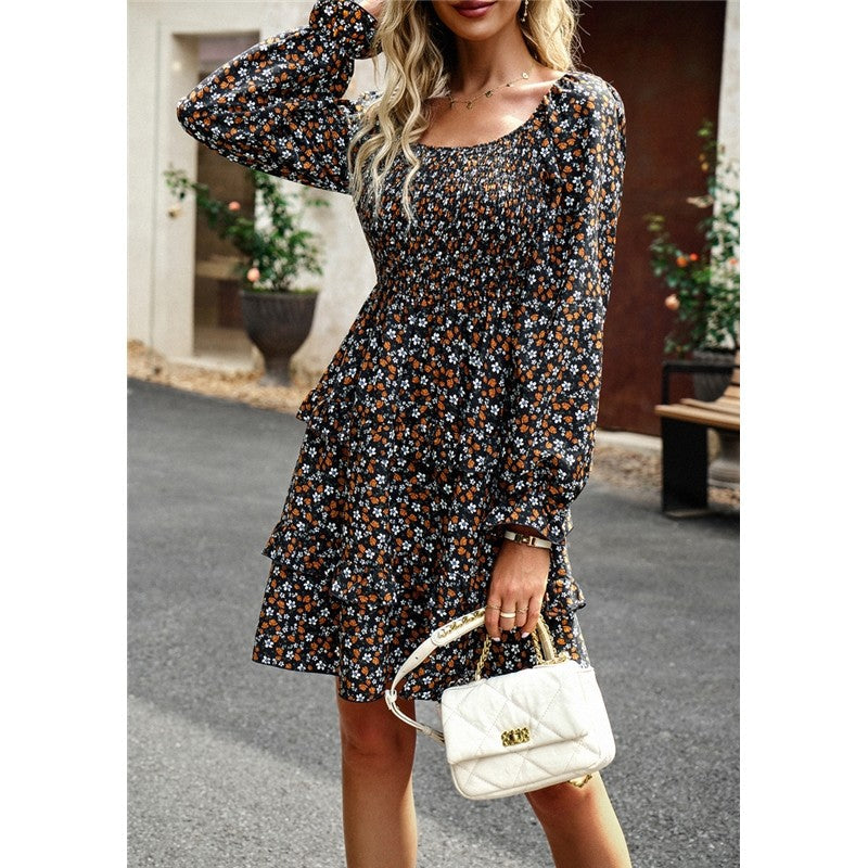 Floral Square Neck Long Sleeve Dress