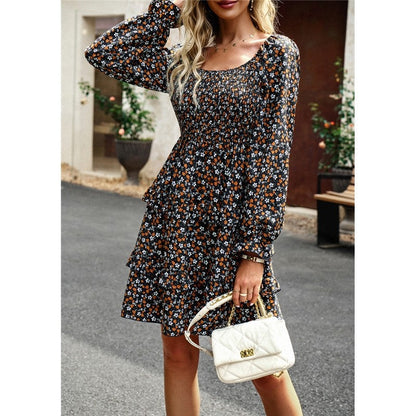 Floral Square Neck Long Sleeve Dress