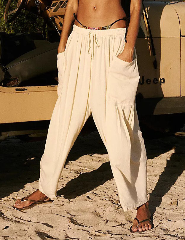 Solid Color String Elastic Waist Loose Pants