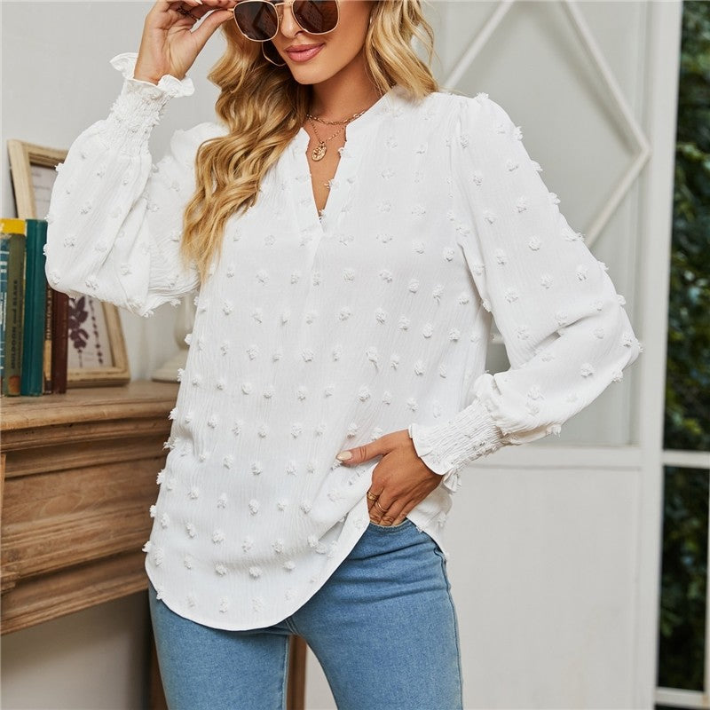 Solid Color V-Neck Long Sleeves Dots Blouse Top