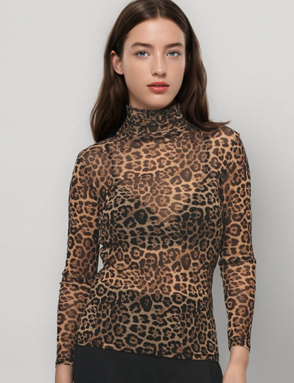 Leopard Print HIgh Collar Slim Fit Sexy Mesh Top