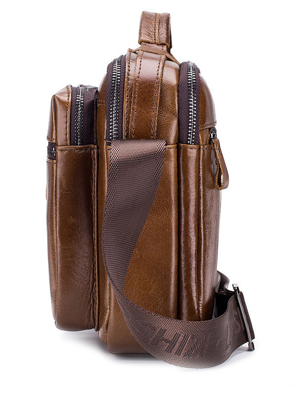 Men Zipper Leather Solid Multi-layer Pocket Crossbody Bag