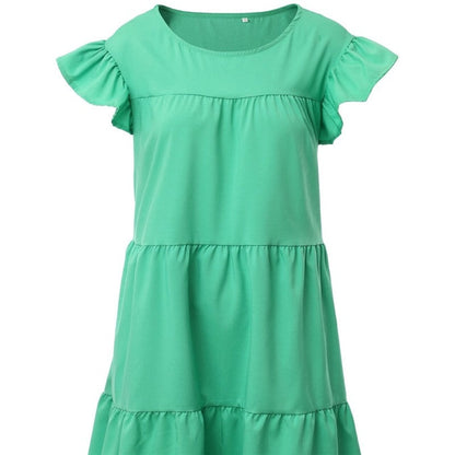 Solid Color Loose Pleated Short Sleeve Dress