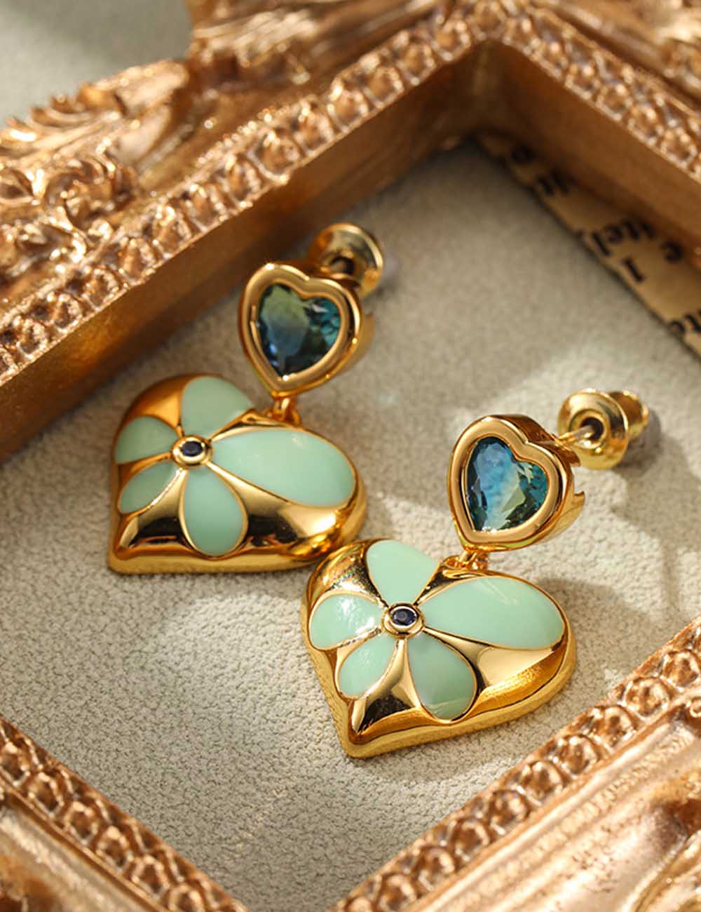 Vintage Flower Enamel Heart Drop Earrings