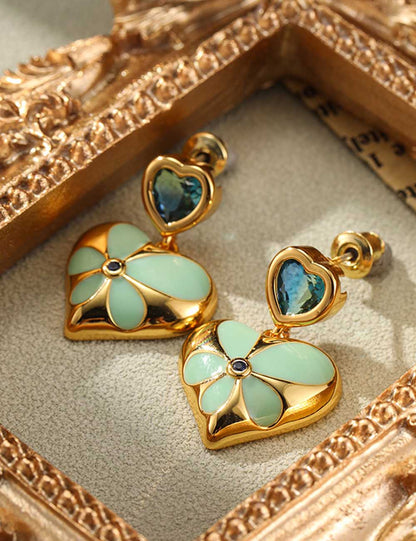 Vintage Flower Enamel Heart Drop Earrings