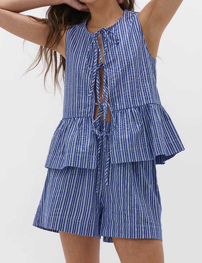 Casual Plaid Tie-Front Top and Shorts Set
