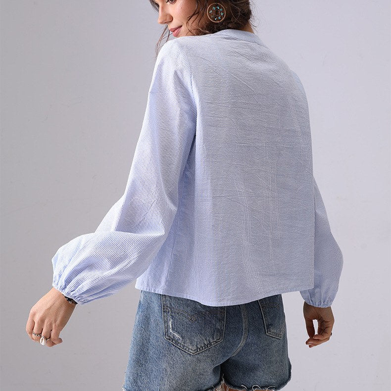 Striped Embroidered V-Neck String Shirt