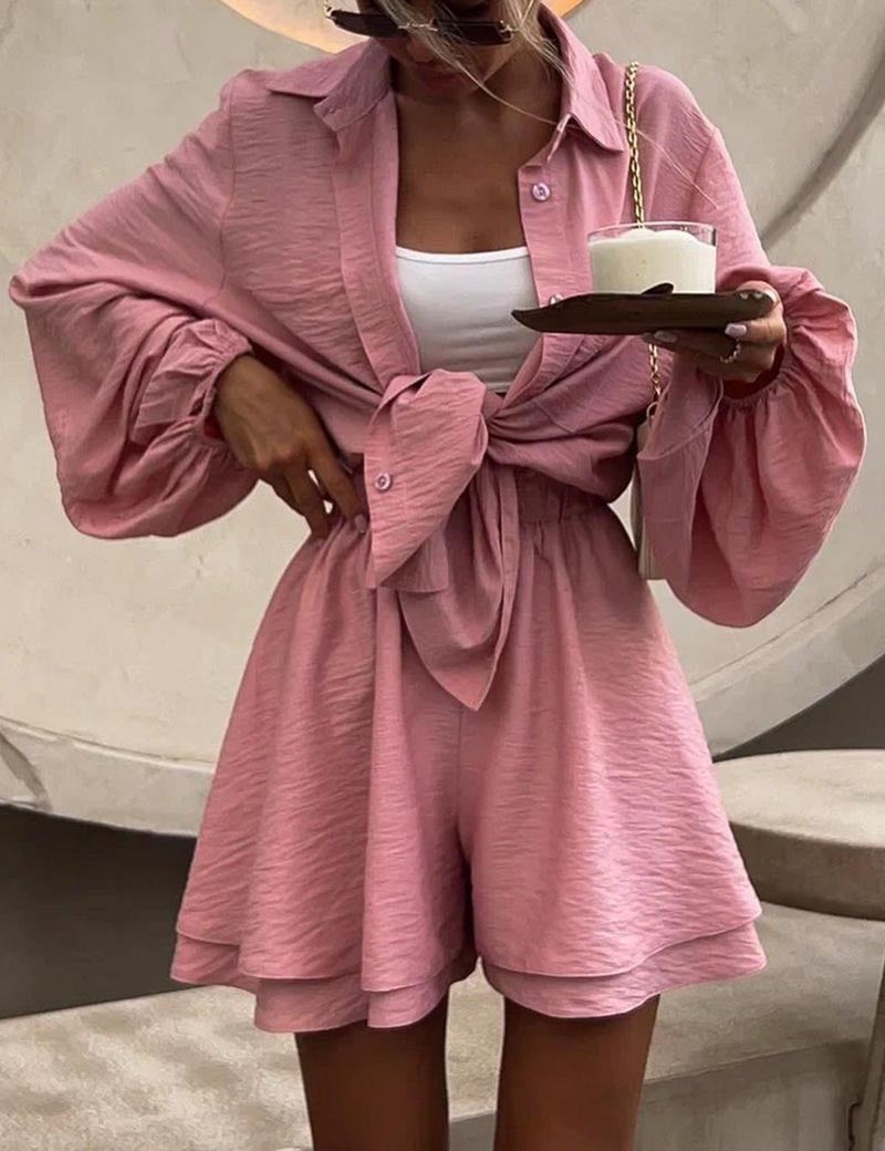 Lantern Sleeve Shirt Flounce Short Set