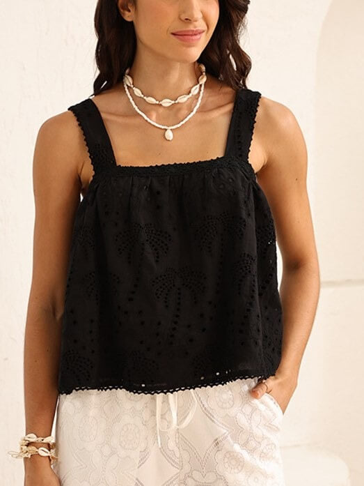 Palm Tree Embroidery Hollow Cotton Tank Top