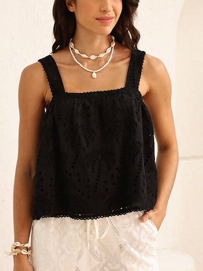Palm Tree Embroidery Hollow Cotton Tank Top