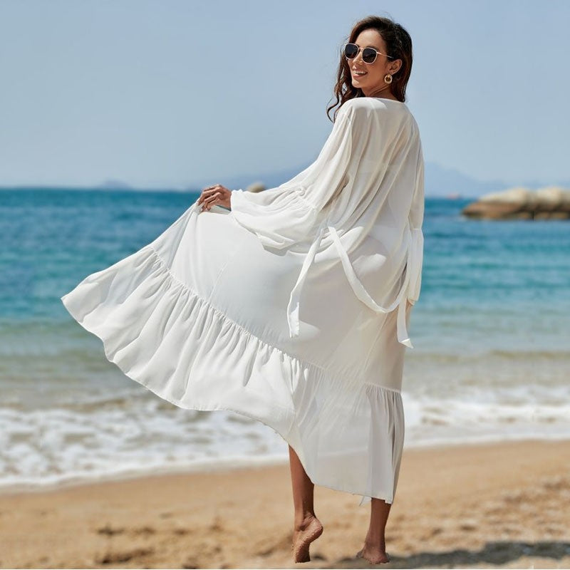 Long-Sleeve Deep-V White Cover-Up
