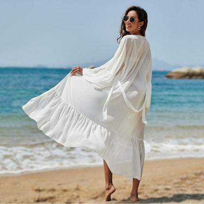 Long-Sleeve Deep-V White Cover-Up