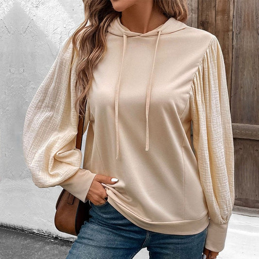 Solid Color Hooded Sweatshirt With Bubble Sleeves