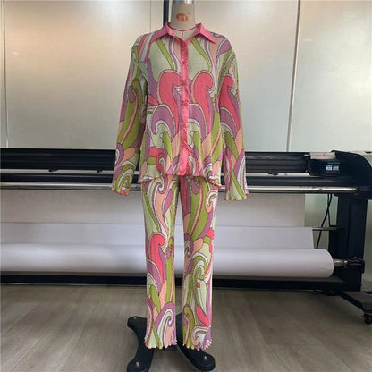 Printed Pleated Long Sleeve Long Pants Set