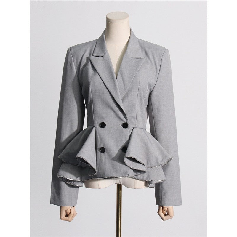 Solid Color Long Sleeve Lapel Buttoned Ruffled Slim Blazer Outerwear