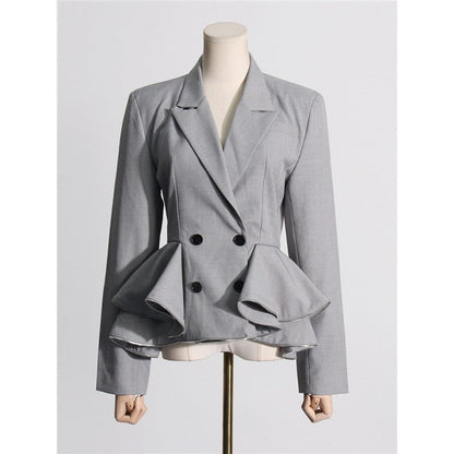 Solid Color Long Sleeve Lapel Buttoned Ruffled Slim Blazer Outerwear