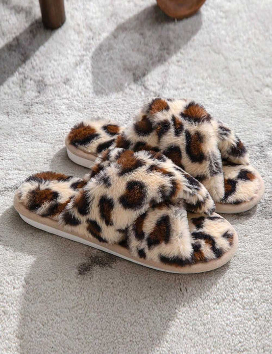 Fuzzy Cross Band Plush Home Slippers