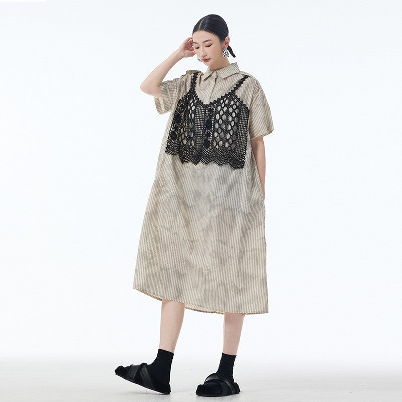 Lace Trim Polo Collar Short Sleeve A Line Dress