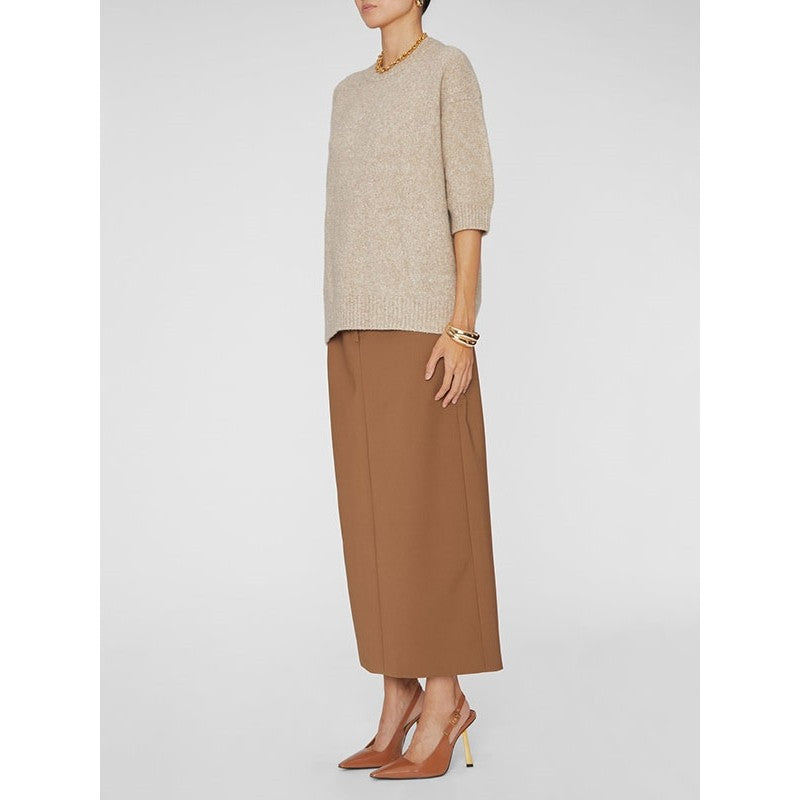 Rounded-Neck Dropped Shoulders Short Sleeves Sweater Tops