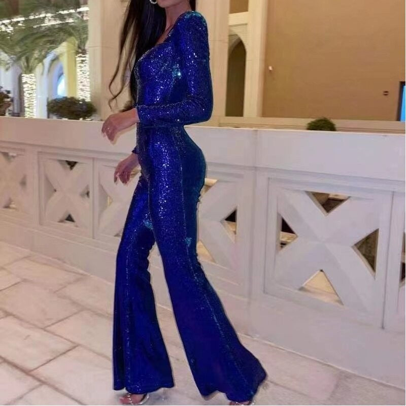 Long Sleeve Sequin Belted Jumpsuit Floor Length