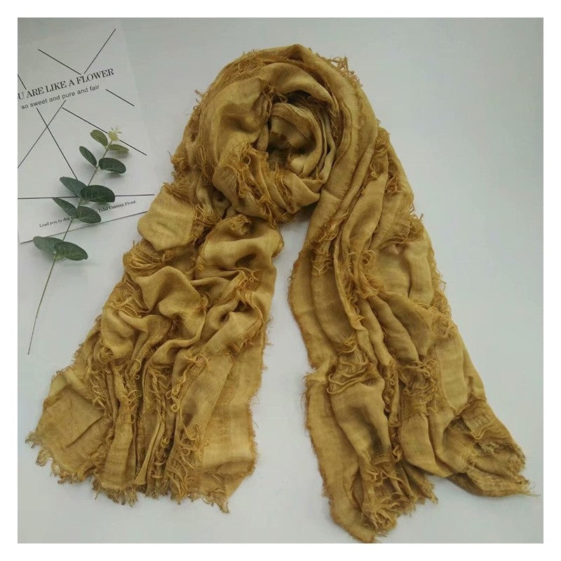 Solid Tassels Hole Cotton Blend Scarf