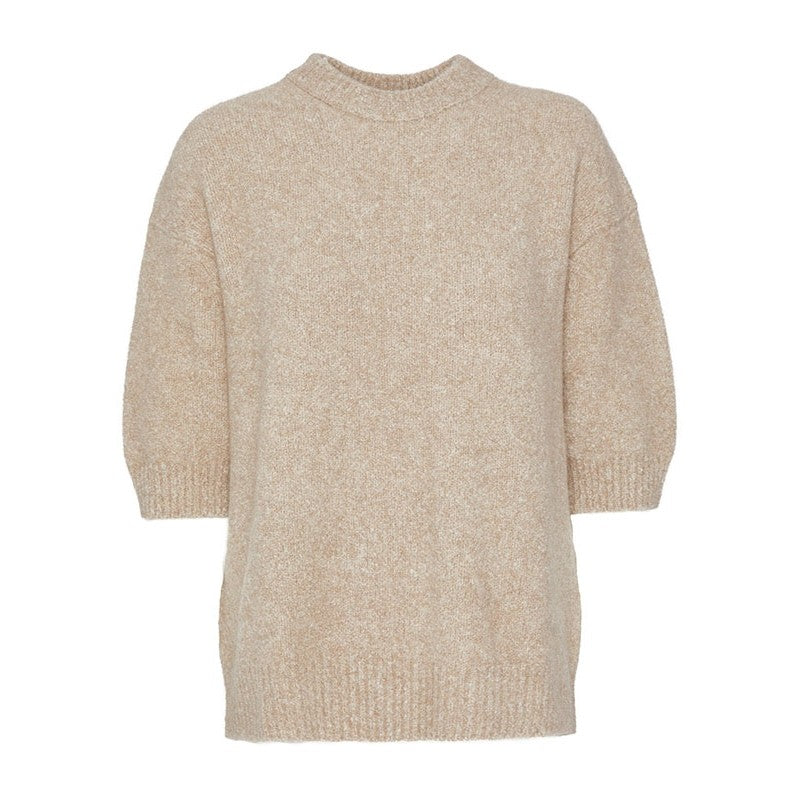 Rounded-Neck Dropped Shoulders Short Sleeves Sweater Tops