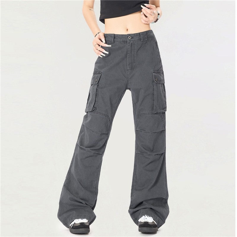 High Street Straight Cargo Pants Multi Pocket Pleated Slim
