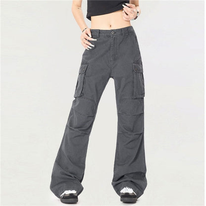 High Street Straight Cargo Pants Multi Pocket Pleated Slim