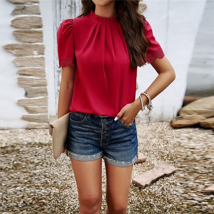 Solid Color Half Turtleneck Short Sleeve Blouse