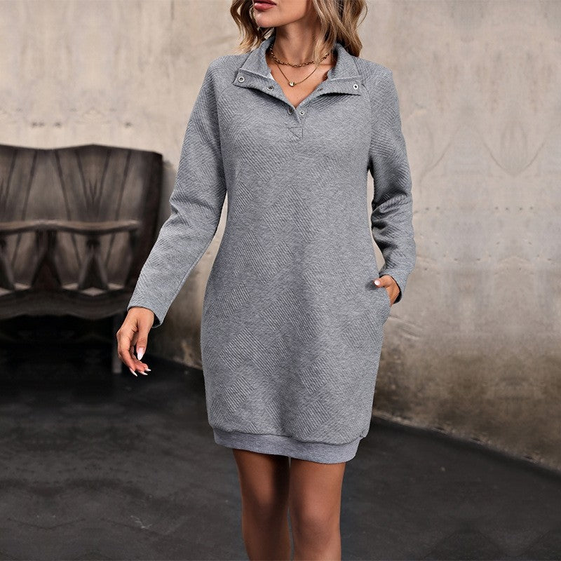 Long Sleeve Solid Color Short Stand Collar Pocket Sweatshirt Dress