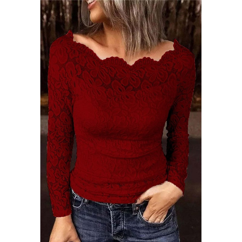 Off-Neck Lace Panel Long-Sleeved Shirt