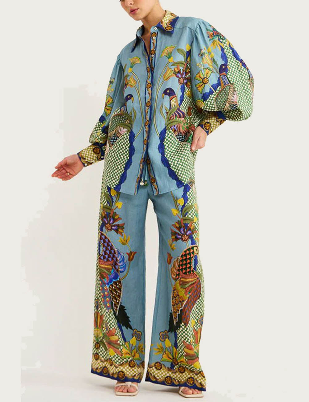 Animal Print Puff Sleeve Tie Vacation Set