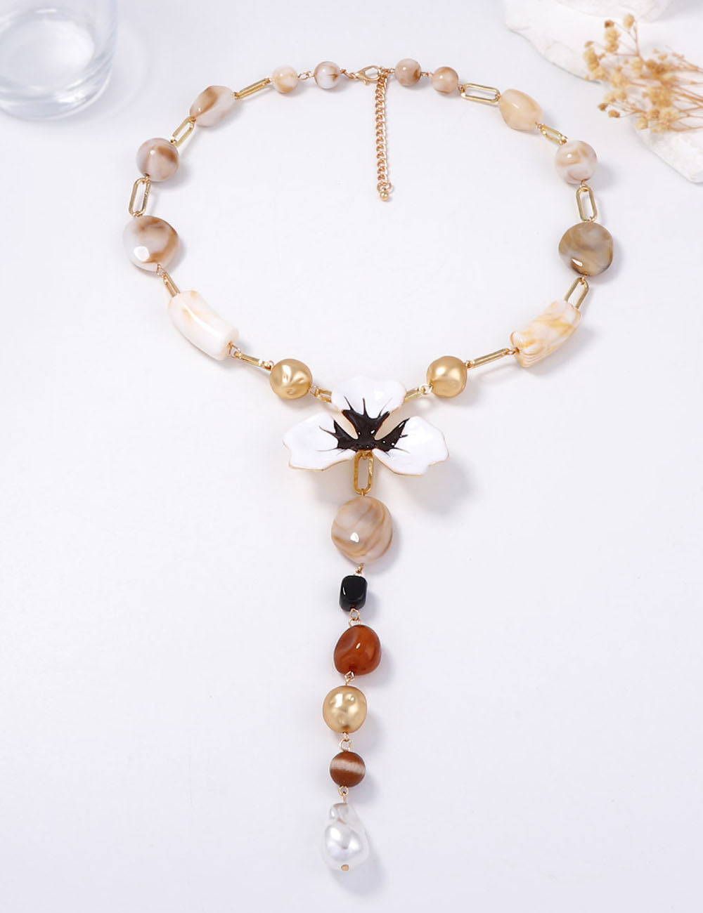 Elegant Enamel Flower Y Shaped Gold Necklace