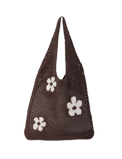 Flower Color Block Hollow Out Woven Handbag