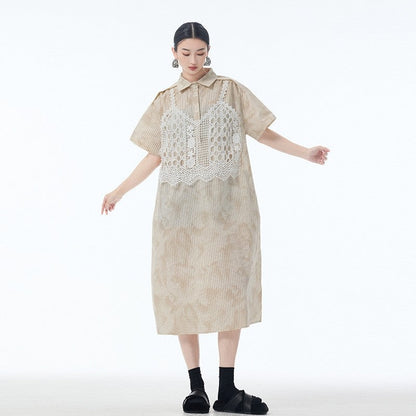 Lace Trim Polo Collar Short Sleeve A Line Dress