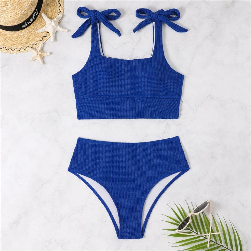 Two Piece High Waist Conservative Solid Color Swimsuit