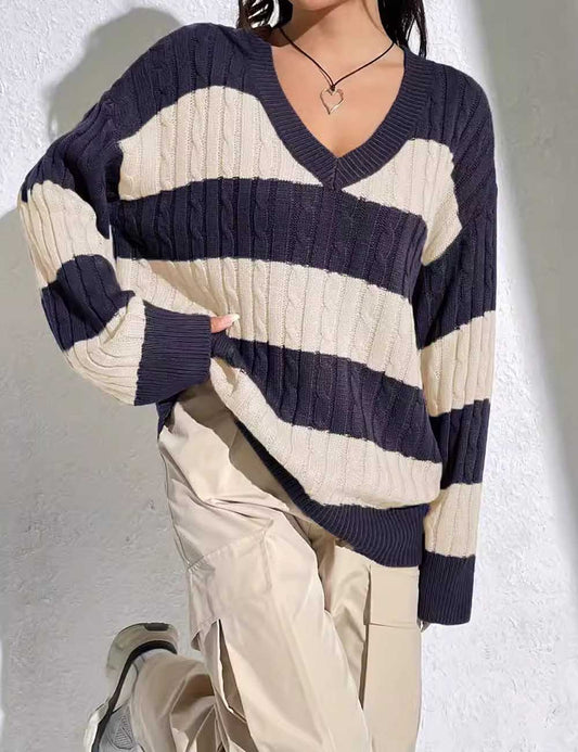 V-Neck Color Block Oversized Pullover Sweater