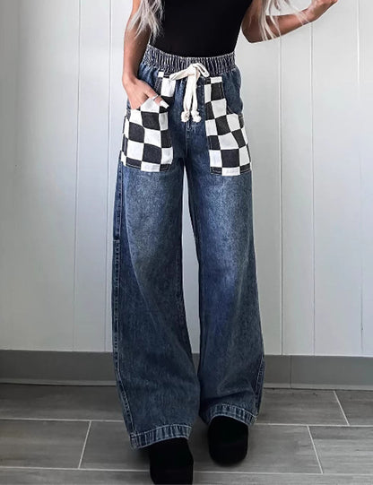 Casual Color Block Plaid Denim Long Jeans