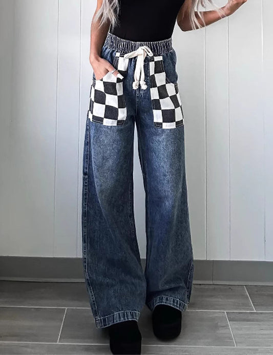 Casual Color Block Plaid Denim Long Jeans