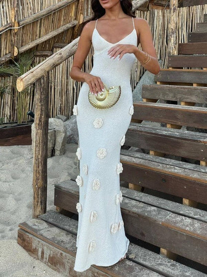 Halter 3D Floral Knit Backless Maxi Dress