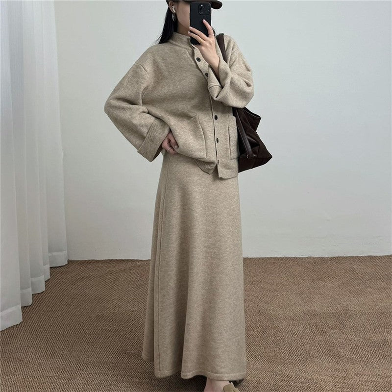 Solid Color Round Neck Knit Set Loose Fit Sweater Dress Two-Piece