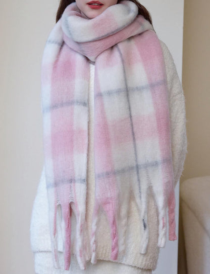 Minimalist Color Block Plaid Tassel Thick Scarf