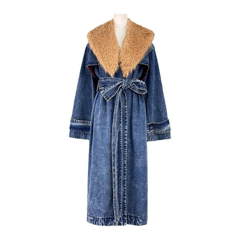 Detachable Fur Collar Long Denim Coat