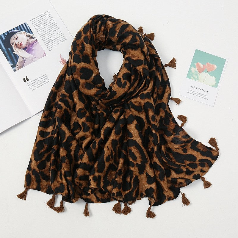 Fashion Colorblock Fringe Leopard Print Cotton Linen Scarf