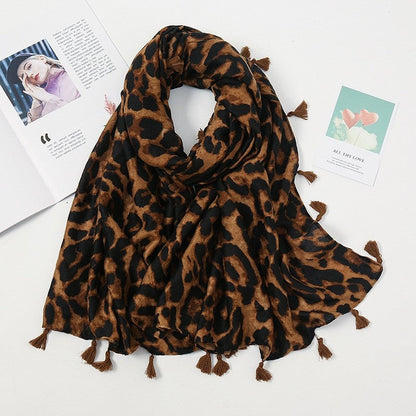 Fashion Colorblock Fringe Leopard Print Cotton Linen Scarf
