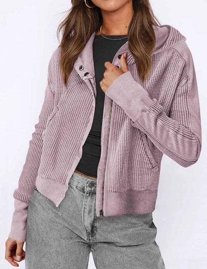 Casual Solid Color Zip Up Cropped Hoodie