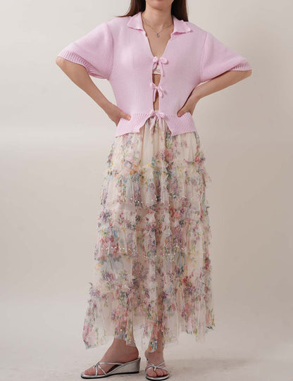 Floral Print Midi Tulle Mesh Skirts