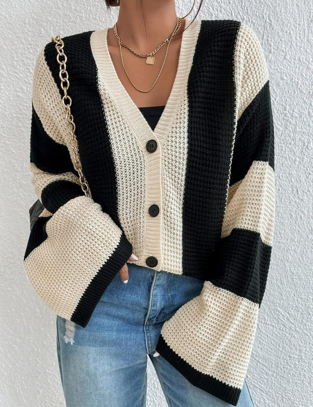 Striped Color Block Flare Sleeves Knit Cardigan