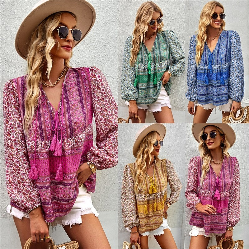 Long Sleeves V-Neck Printing Boho Blouse Top