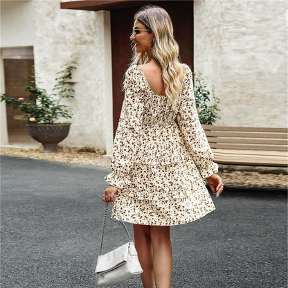 Floral Square Neck Long Sleeve Dress